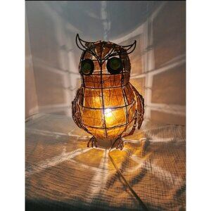 Cracker Barrel Large Metal Horned Owl Amber‎ Glass Panel Table Night Light Lamp